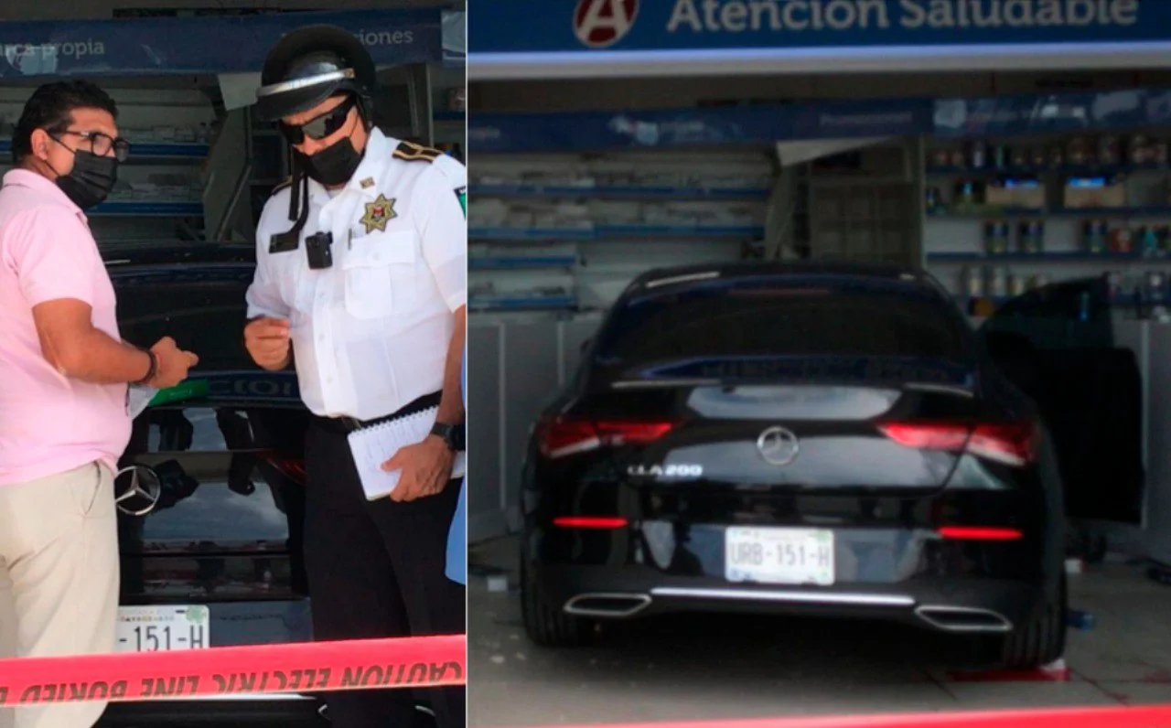 Mujer conducía exceso de velocidad y choca contra una farmacia en Cancún