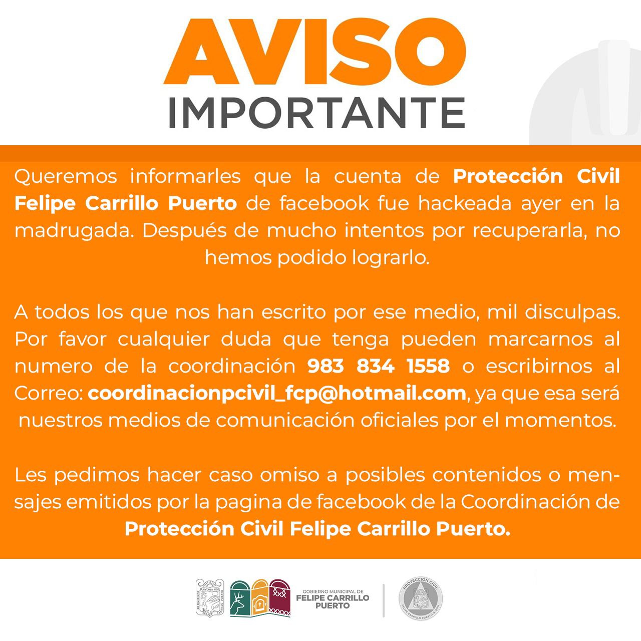Hackean cuenta de Facebook de Protección Civil de FCP