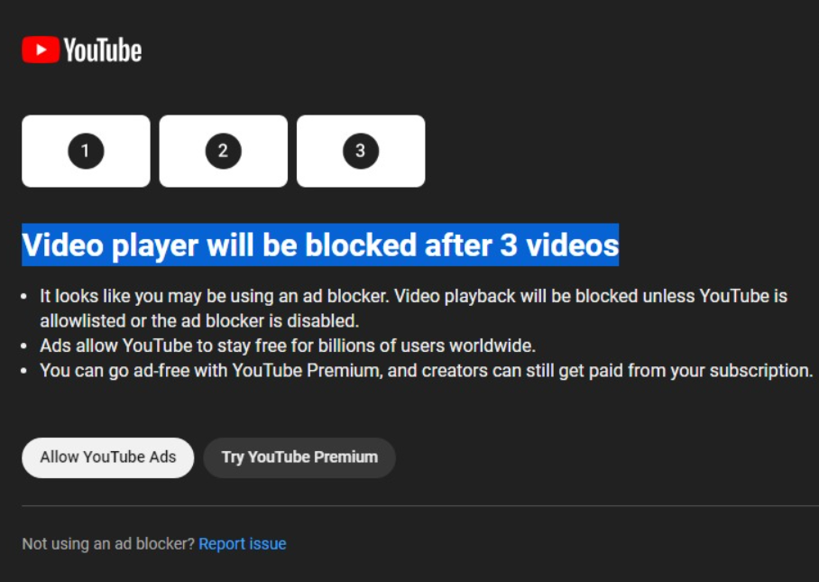 YouTube te dejará ver 3 videos si utilizas un bloqueador de anuncios