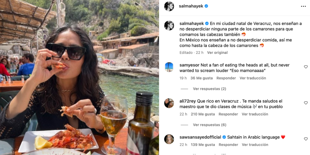 Salma Hayek dice que las cabezas de los camarones también se comen