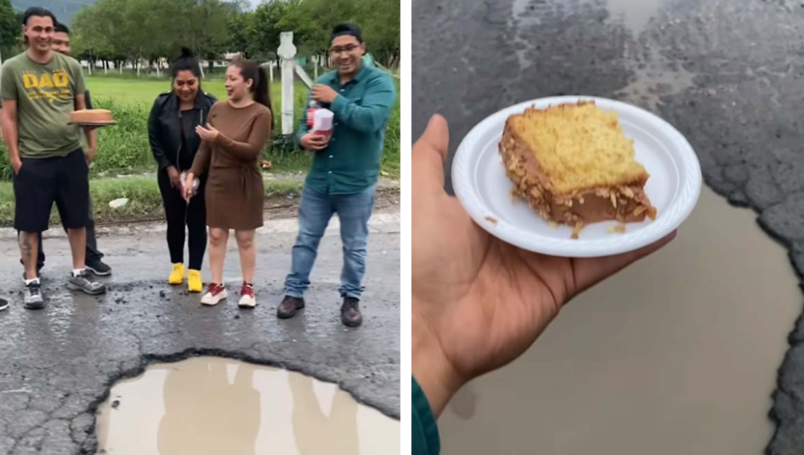 Celebran 10 años de un bache, con pastel y fiesta en Nuevo León