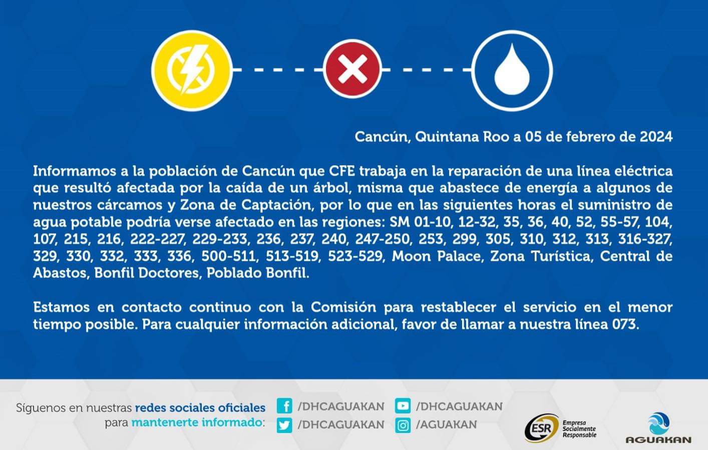 Se quedan sin agua en Cancún por daño a cableado eléctrico en zona de captación de Aguakan