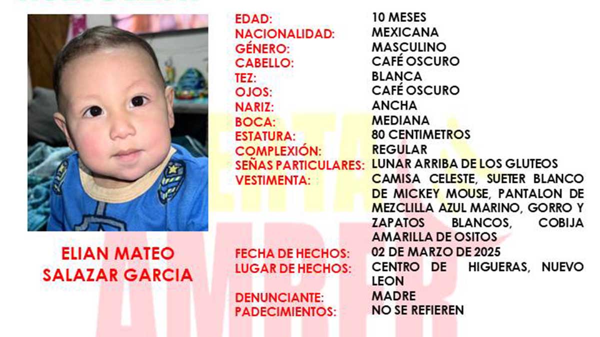 Activan Alerta Amber por bebé desaparecido en Nuevo León