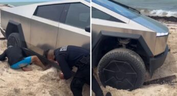 Una Cybertruck queda atascada en playa de Yucatán