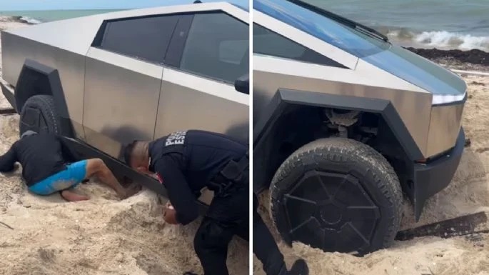 Una Cybertruck queda atascada en playa de Yucatán