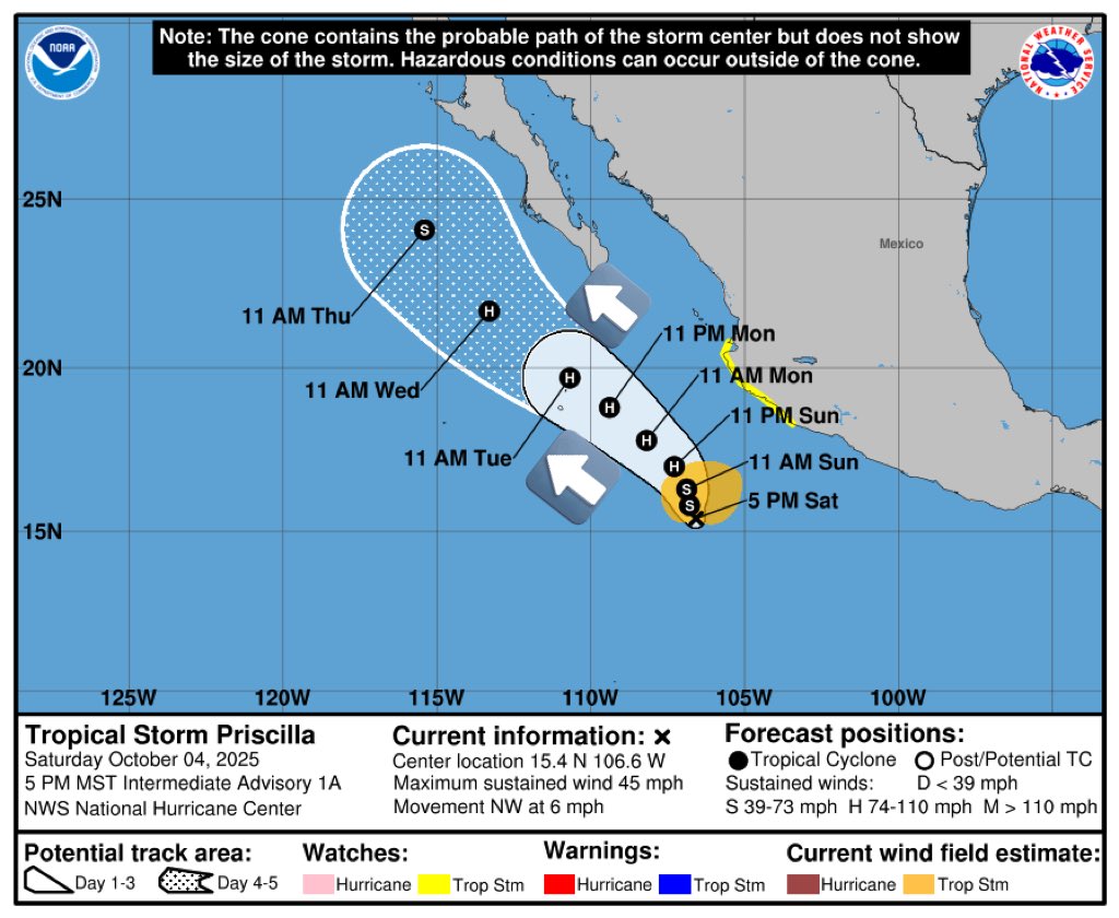 Tormenta Tropical Priscila se forma frente a costas mexicanas; vigilancia en la costa suroeste
