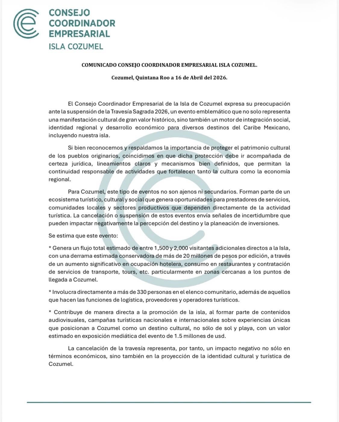 Suspensión de la Travesía Maya golpea a la economía de Cozumel, afirma el Consejo Coordinador Empresarial