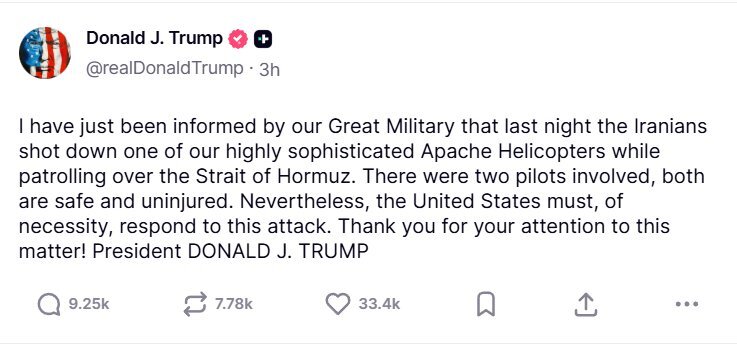 Ataque a helicóptero Apache en Ormuz: Trump amenaza con represalias tras acusar a Irán