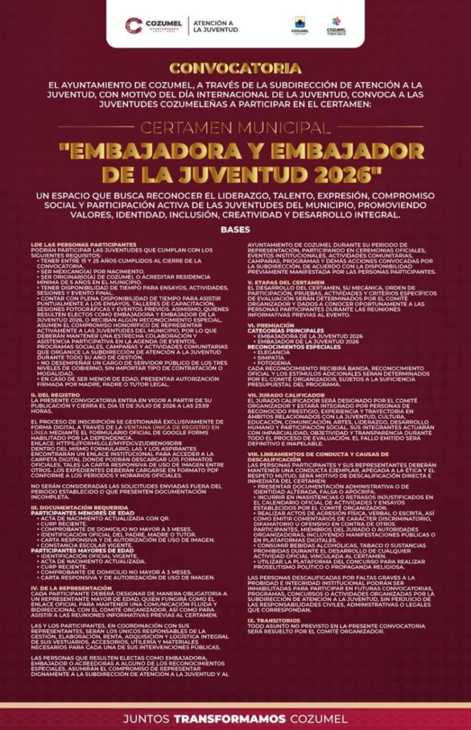 Chacón Méndez invita a las juventudes cozumeleñas a participar en la convocatoria “Embajadores de la Juventud Cozumel 2026”