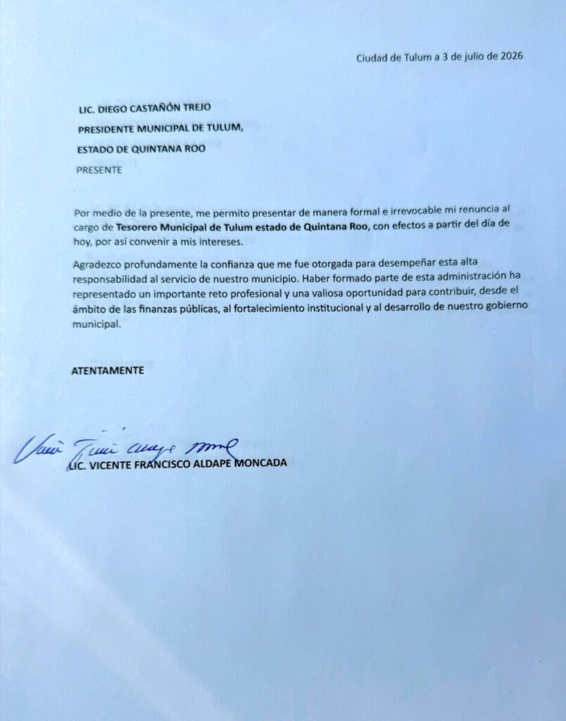 Informa Ayuntamiento de Tulum sobre renuncia del tesorero municipal