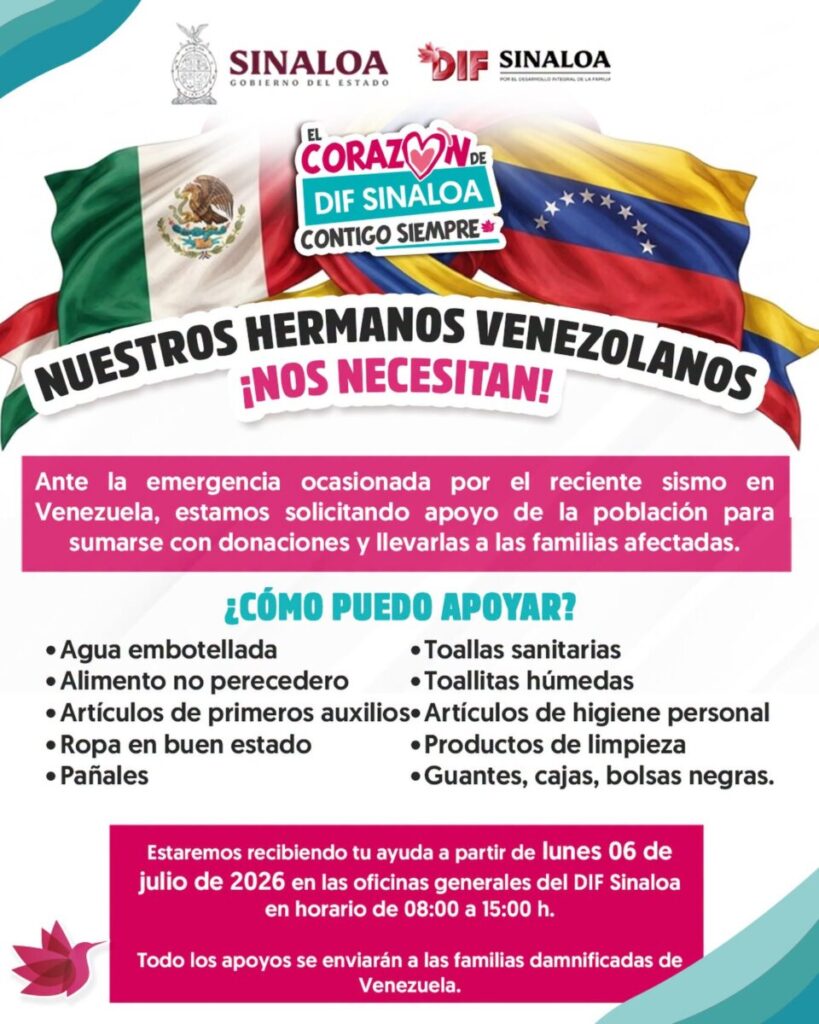 Abre DIF Sinaloa centro de acopio para familias afectadas por el sismo en Venezuela